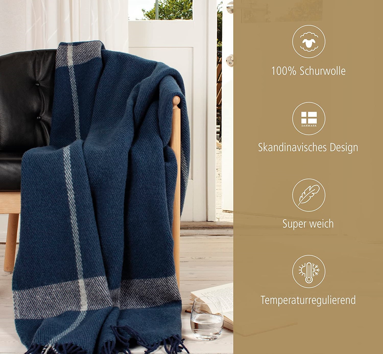 Wolldecke Scandi Plaid 130x200 cm – 100 % Schurwolle mit Woolmark Siegel – Nachhaltige Wohndecke, blau