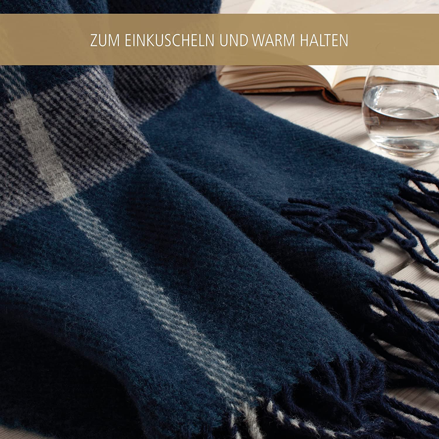 Wolldecke Scandi Plaid 130x200 cm – 100 % Schurwolle mit Woolmark Siegel – Nachhaltige Wohndecke, blau – Bild 3