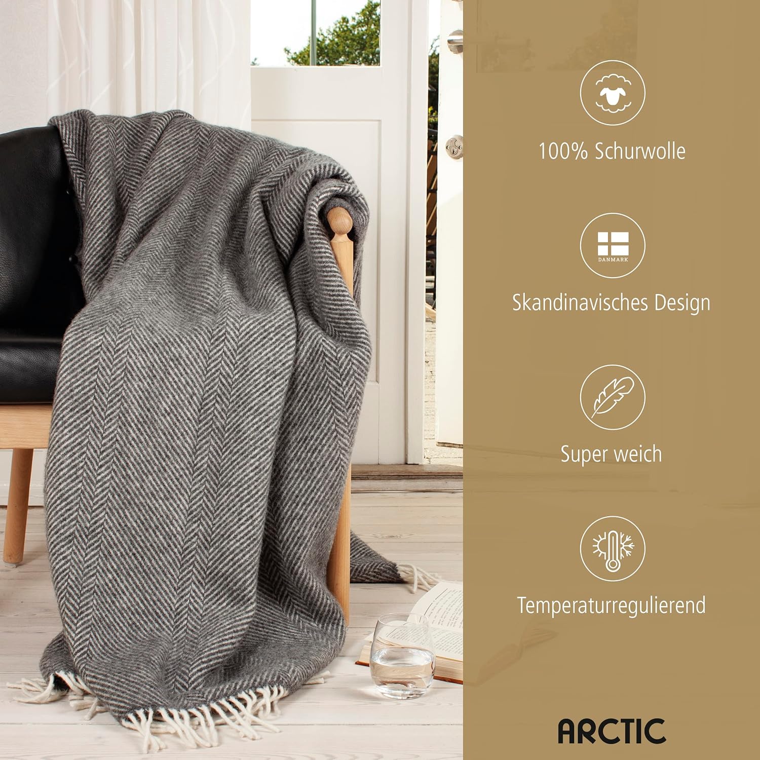 Wolldecke Fischgrätmuster – 100 % Schurwolle, Woolmark-zertifiziert, 130 x 200 cm, Scandi Stil, grau