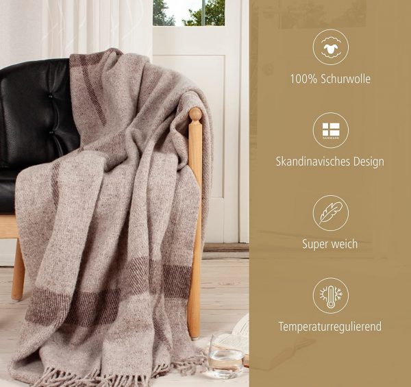 Wolldecke Scandi Plaid 130x200 cm – 100 % Schurwolle mit Woolmark Siegel  – Nachhaltige Wohndecke, beige