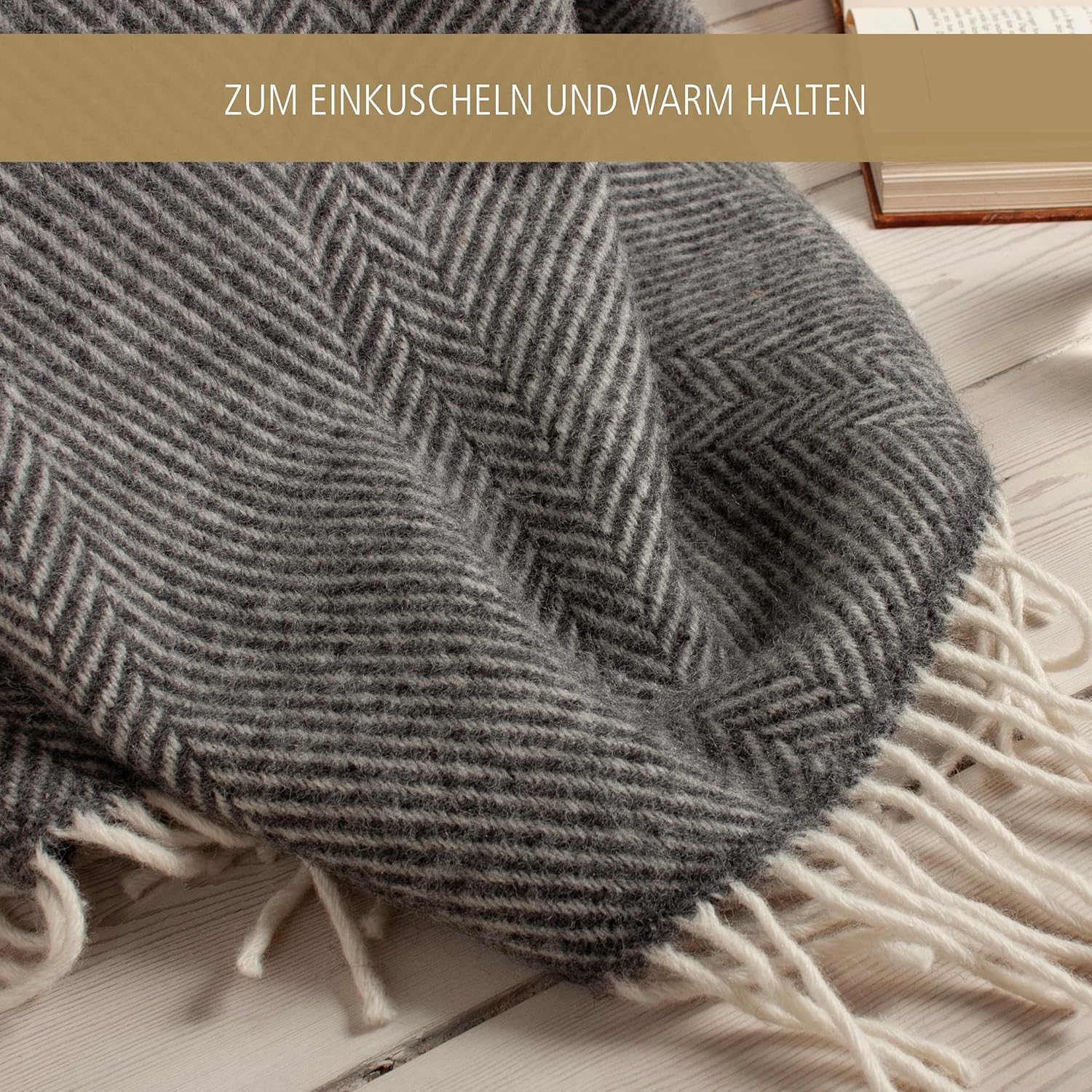 Wolldecke Fischgrätmuster – 100 % Schurwolle, Woolmark-zertifiziert, 130 x 200 cm, Scandi Stil, grau – Bild 2