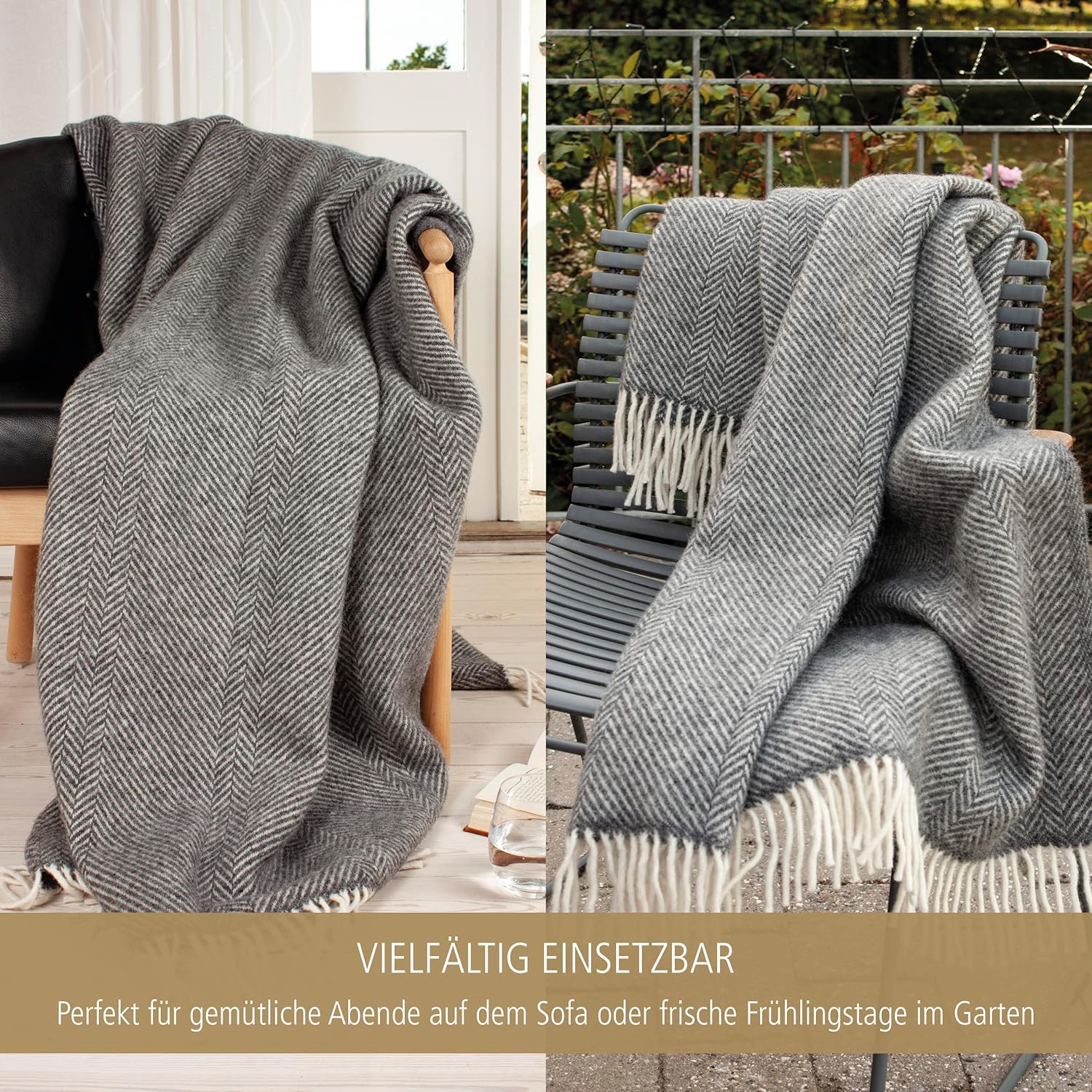 Wolldecke Fischgrätmuster – 100 % Schurwolle, Woolmark-zertifiziert, 130 x 200 cm, Scandi Stil, grau – Bild 4