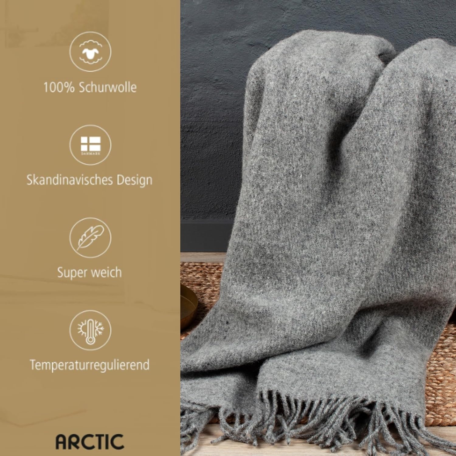 Wolldecke Scandi Plaid 130x200 cm – 100 % Schurwolle mit Woolmark Siegel – Nachhaltige Wohndecke, grau